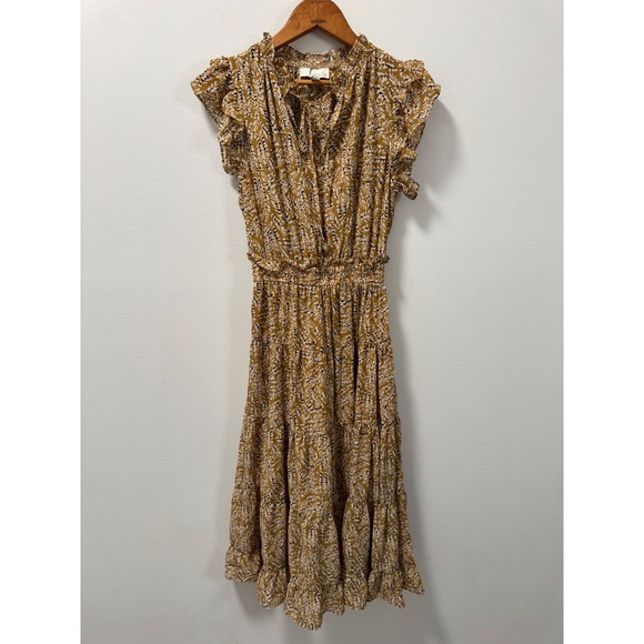 Pinch Mustard Yellow Botanical Print Smocked Ruffled Tiered Midi Dress Women's S - Picture 2 of 5